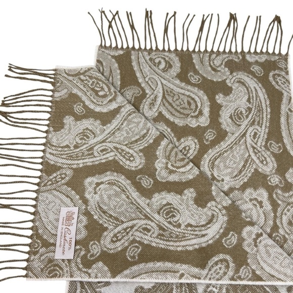 Cashmere Paisley Scarf Shawl with Fringe Beige White England Made Reversible - Picture 11 of 12